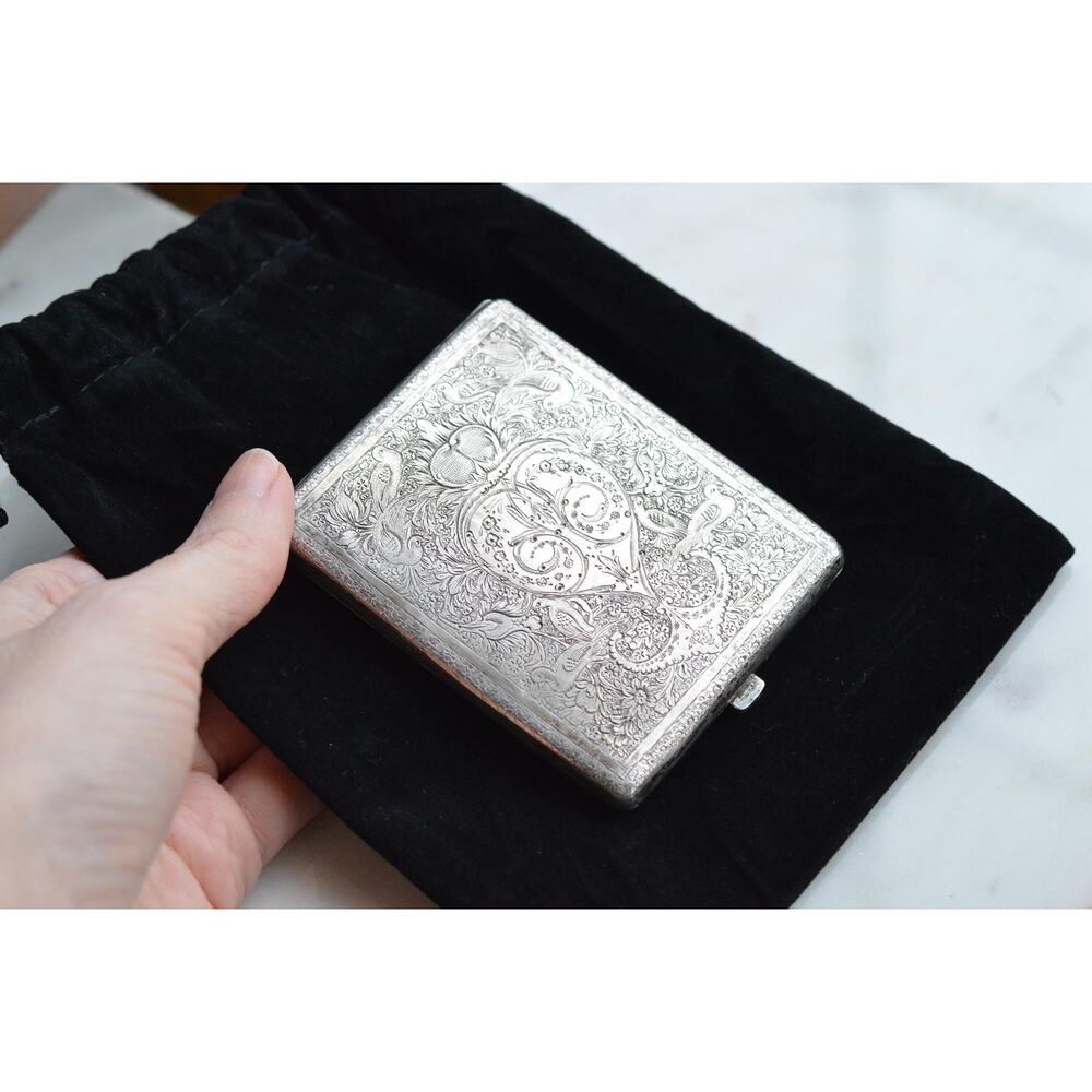 Antique Victorian Solid Silver Card Case/Wallet – Engraved Birds & Florals